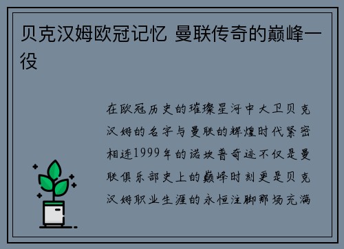 贝克汉姆欧冠记忆 曼联传奇的巅峰一役